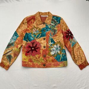 Drapers & Damons Jacket Floral Canvas Denim Sequin Tropical Orange Womens Medium